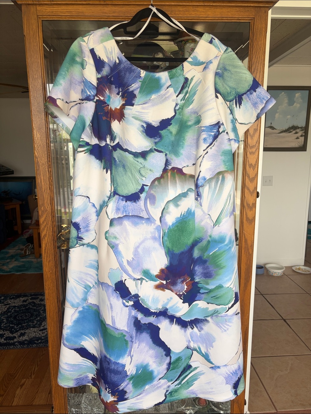 Calvin Klein Floral Midi Shift Dress in Blue, Green & White
